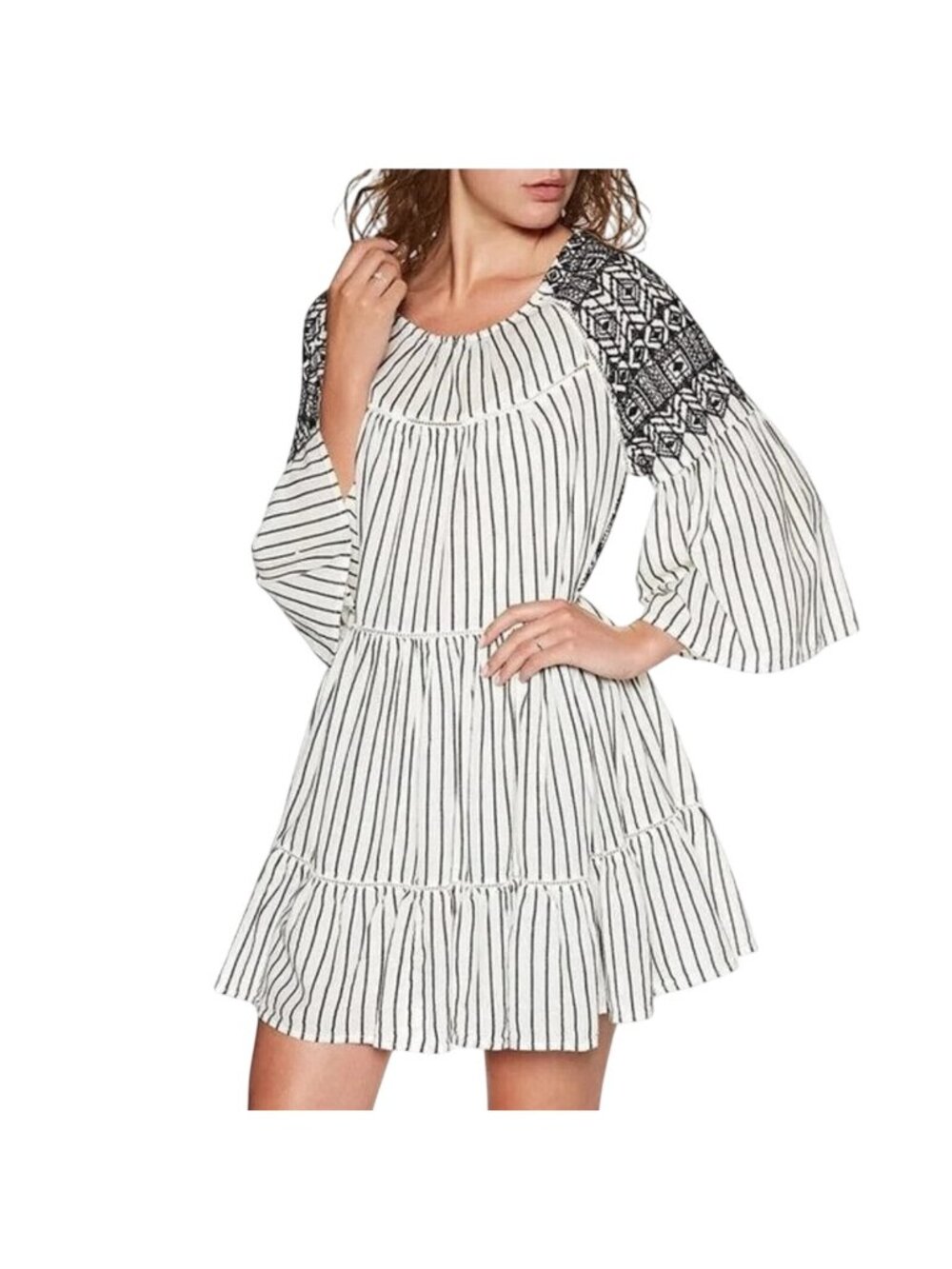 Free People XS Black/White Embroidered Boho Stripe Mini Dress Tassel Tie Back